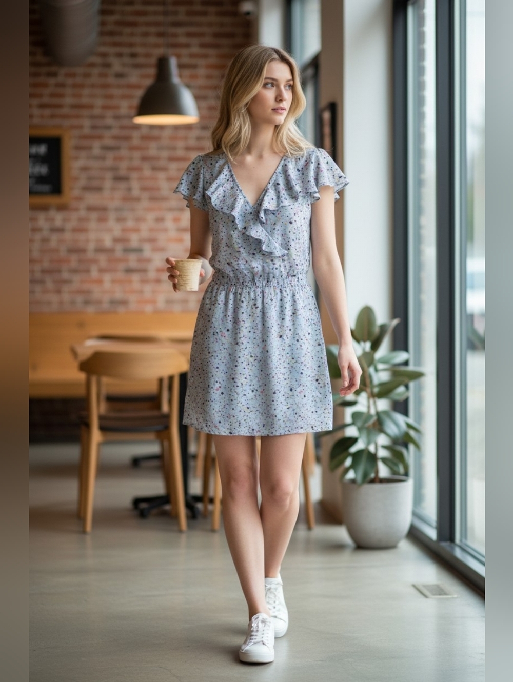 BCBGeneration Flutter Sleeve Ruffle V-Neck Blue Confetti‎ Print Mini Dress Small
